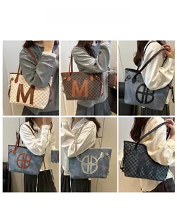 Collage of six large letter print tote bags showing model carrying styles for women