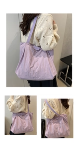Detail of light purple nylon tote bag with pleated texture and fashion letter patch