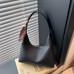Black lychee leather hobo bag with vintage silk scarf on handle for daily commuting