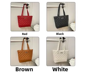 Four colors of quilted tote bags featuring metallic bow details and diamond pattern