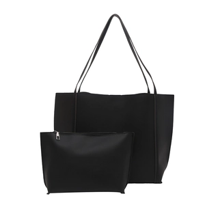 Retro black large-capacity tote bag set with a matching small clutch pouch in matte leather