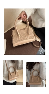 Detail of plush faux fur handbag in apricot showing soft texture and crossbody strap