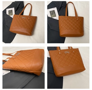 Detailed views of a brown quilted tote bag with silver bow buckle and large capacity