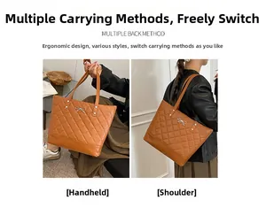 Close-up of caramel quilted tote bag featuring metallic bow detail and silver rivets