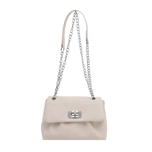Sac à main beige chic avec chaîne, fermoir en cristal et détails plissés