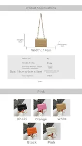 Detailed dimensions and color palette for mini embossed PU leather crossbody chain bag