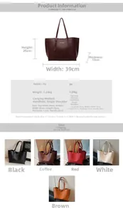 Size guide for large PU leather tote bag with measurements and color options displayed