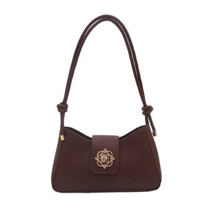 Retro chocolate brown leather shoulder bag with gold floral buckle and knotted strap