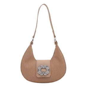 Borsa a spalla vintage a pieghe con grande fibbia quadrata in strass e tracolla in pelle