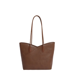 Classic dark brown pebble leather tote bag with unique diagonal stitching and dual straps