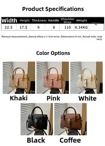 Detailed size chart and multi-color options for fashionable PU leather crossbody bag