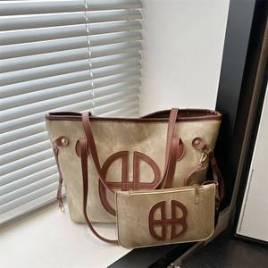 Retro canvas tote bag set with brown leather trim and large letter logo patch