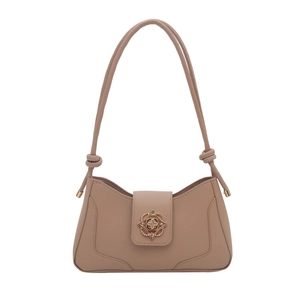 Minimalist beige underarm bag with gold clover clasp and stylish knot shoulder strap detail