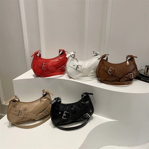 Women Retro PU Leather Underarm Bag Trendy Half Moon Shoulder Bag With Double Buckle Straps Y2K Moto Style Solid Color Handbag
