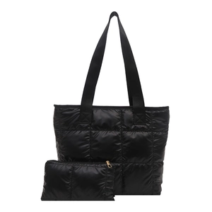 Large black quilted tote bag set with matching pouch in glossy lightweight nylon fabric