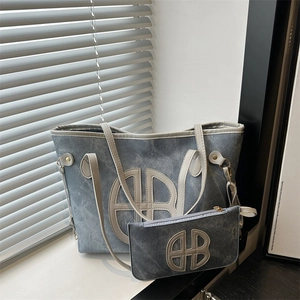 Retro washed denim tote bag set with vintage letter patchwork design in grey finish