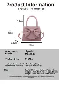 Pink glitter evening bag with bow and dimensions 18x13x6.5cm shown in a size guide