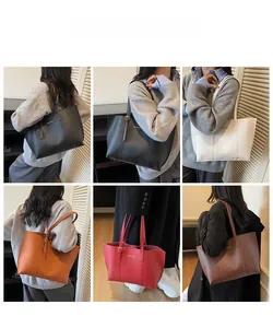 Collage of model wearing minimalist large capacity tote bags in five different colors