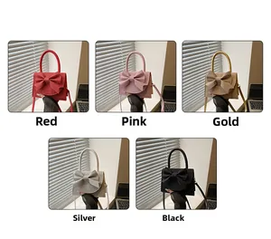 Close-up of five mini evening bags with rhinestones and large bow knots in multiple colors