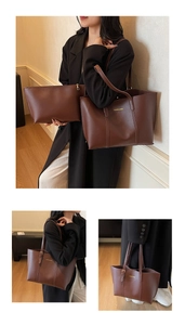 Detail showing deep coffee PU leather tote set with gold lettering and inner zip pouch