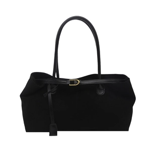 Chic black faux suede tote bag with gold D-ring buckle and long shoulder straps