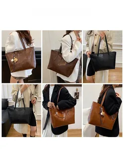 Three colors of large oil wax leather tote bags shown on models for commuting outfits