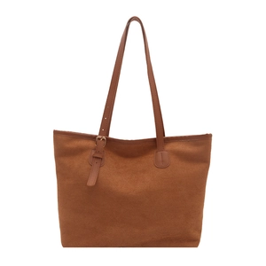 Grande borsa tote in finta pelle scamosciata marrone con finiture in pelle e fibbia metallica