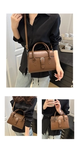 Detail of a brown vintage leather handbag with silver buckle and adjustable shoulder strap
