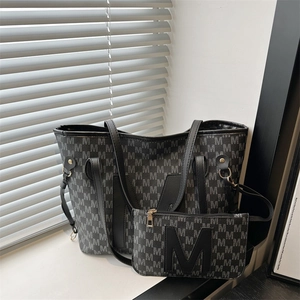 Dark gray monogram tote bag and pouch set with large M letter and modern minimal design