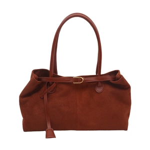 Retro large-capacity reddish-brown suede tote bag with elegant gold buckle for women