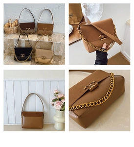 Detail of four-color PU leather crossbody bags with gold chain and matte texture finish