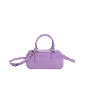 Chic purple glossy patent leather mini square handbag with gold hardware and shoulder strap