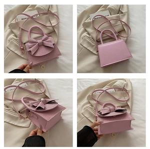 Multiple views of a pink sequin bow handbag with cross-body strap and top handle