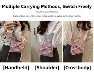 Pink evening bag with large bow showing handbag, shoulder, and crossbody styling modes