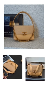 Detail of light brown contrast flap bag featuring suede leather and gold chain decoration