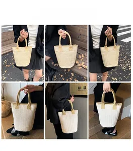 Collage of models wearing a chic woven bucket handbag for summer styling and commuting