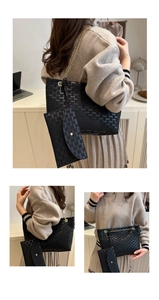 Detailed views of a black jacquard tote bag with logo pattern and gold chain strap