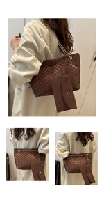 Close-up of brown tote bag with metallic chain strap and matching mini coin purse