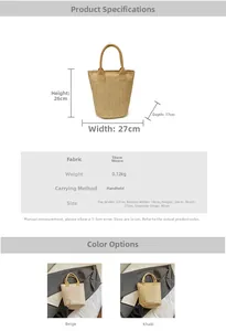 Detailed dimension guide of beige straw bucket bag showing size 27x18x26cm and structure