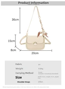 Detailed size chart for the creamy white PU leather square bag with dimensions 20x15x8cm