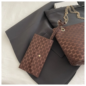 Close-up of printed tote bag with golden chain strap and matching small pouch set