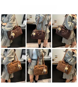 Brown corduroy shoulder bag shown from multiple angles with a plush bear charm detail