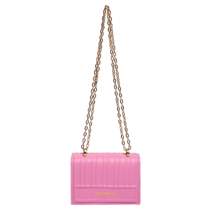 Pink crossbody square bag with vertical stitching and golden chain strap on white background