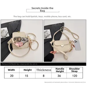 Detailed size chart and interior capacity view of beige faux leather crossbody bag