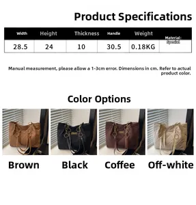 Size chart and color options for the quilted tote bag with metal ring decoration