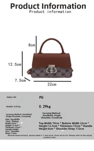Size chart showing handbag dimensions 22x12.5x7.5cm with handle and strap specs