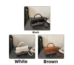 Detailed view of fashionable mini crossbody bags in black, white, and brown with metal locks