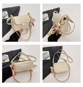 Detailed multi-angle views of a cream faux leather shoulder bag with decorative silk scarf