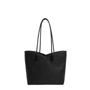 Chic black bucket tote bag with lychee texture and asymmetrical V-seam stitching design
