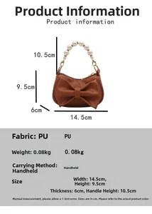 Size chart showing mini PU handbag dimensions 14.5x9.5x6cm with pearl handle detail